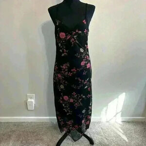 CDC Y2K Spaghetti Strap Black Red Floral Slip Dress Mesh V Neck Size 8